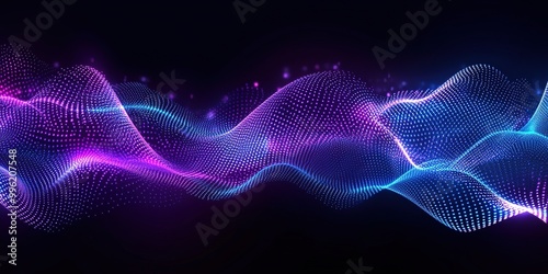 Abstract digital wave with blue and pink glowing particles on a dark background, representing data flow and futuristic technology