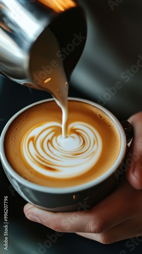 Barista Pouring Milk for Latte Art Creation