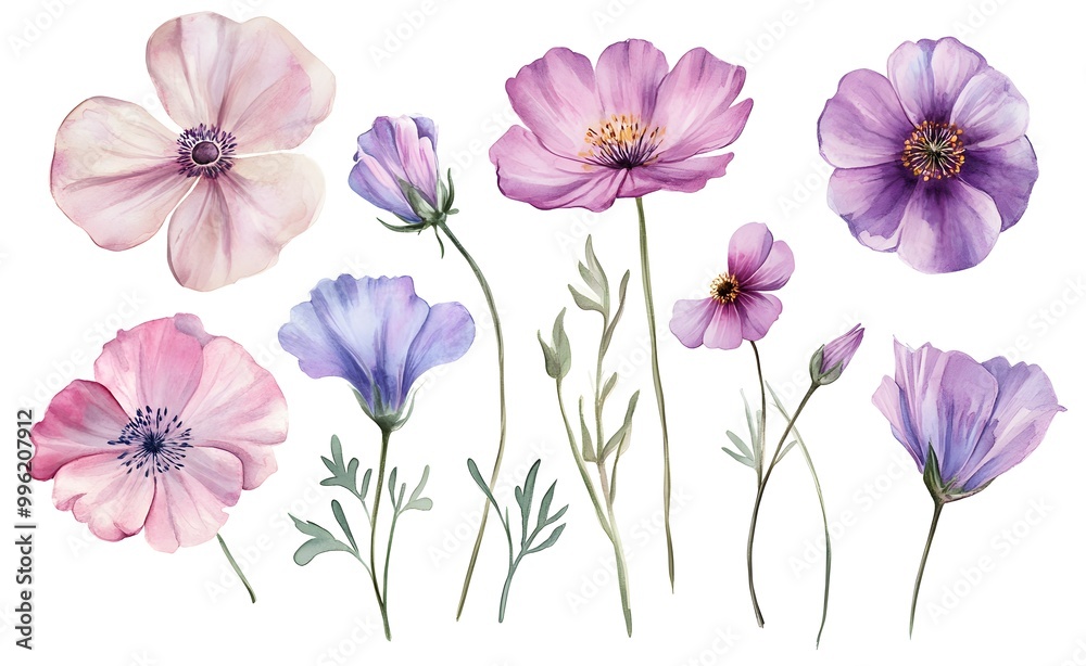 Watercolor wild flower clipart, pink and purple flowers on a white background, in different angles and poses. Watercolor wild flower clipart, pink and purple flowers on a white background, in different angles and poses.