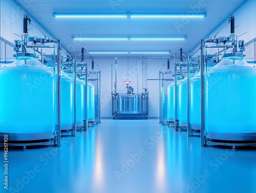 A high-tech laboratory space featuring glowing blue tanks and equipment, emphasizing a modern and sterile environment.