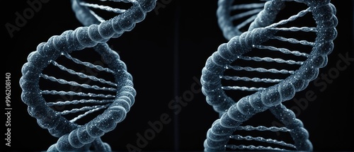 Close-Up of DNA Double Helix Structure on Black Background in Scientific Style Image photo