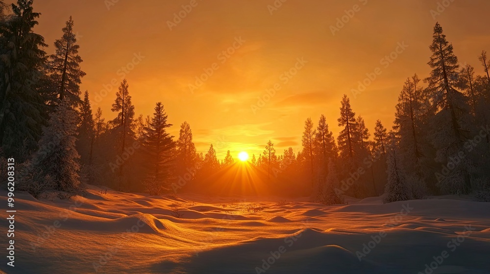 A winter sunset casting a warm glow over a snowy landscape, with silhouettes of pines. A winter sunset casting a warm glow over a snowy landscape, with silhouettes of pines.