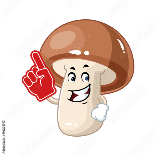 Cheerful Mushroom Mascot with Foam Finger, Funny Food Character Illustration.