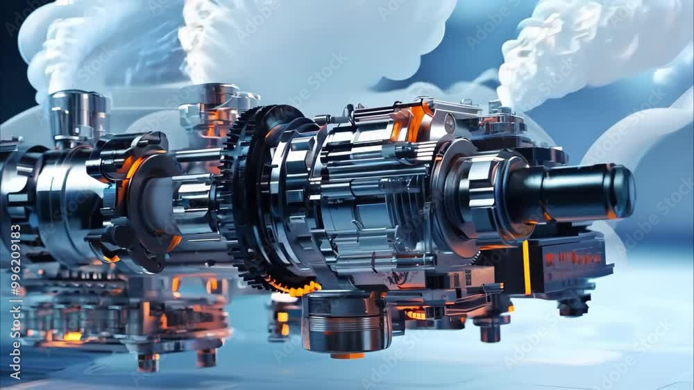 A futuristic engine or turbine design with glowing elements and steam effects, set against a high-tech background. A futuristic engine or turbine design with glowing elements and steam effects, set against a high-tech background.