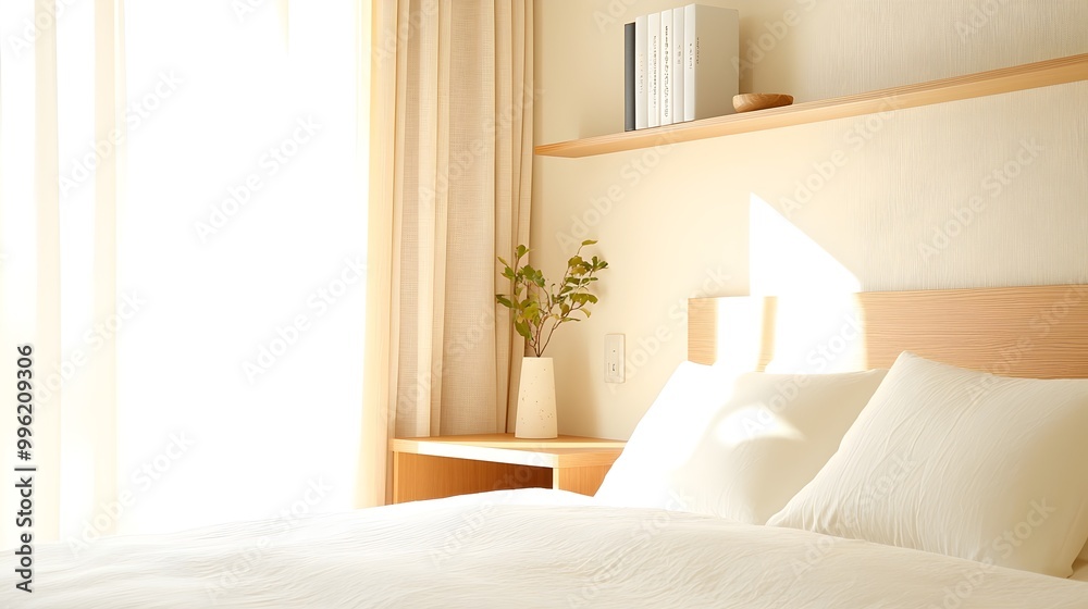 Fototapeta premium Japandi Style Bedroom Design - Cozy Natural Materials with Built-in Storage and Space-Efficient Layout for a Calm Balanced Atmosphere in Modern Interiors