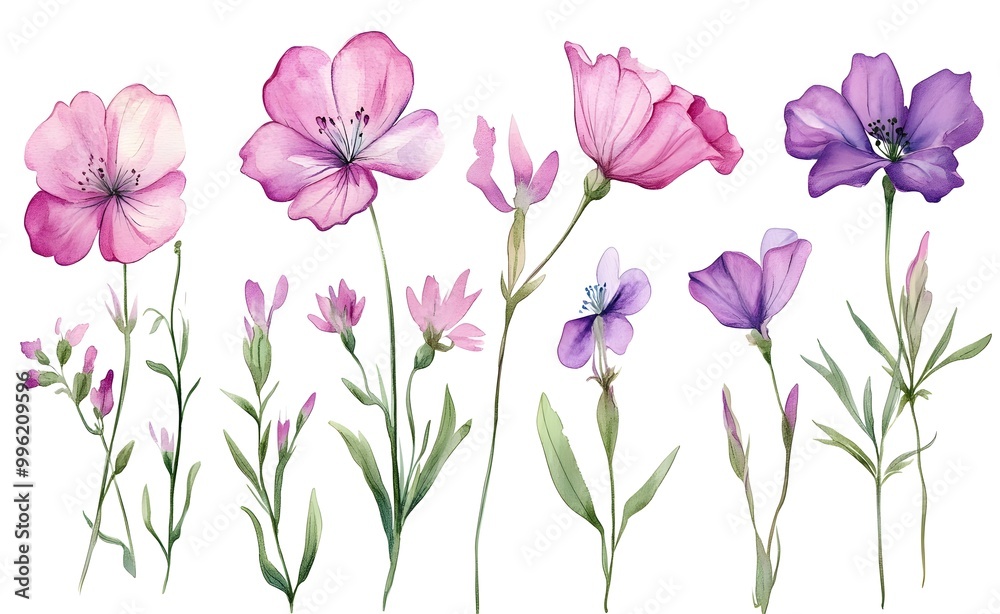 Watercolor wild flower clipart, pink and purple flowers on a white background, in different angles and poses. Watercolor wild flower clipart, pink and purple flowers on a white background, in different angles and poses.