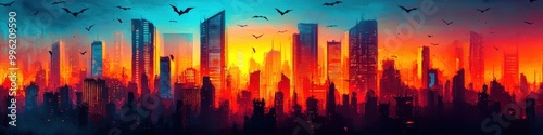 Neon-lit cyberpunk cityscape with holographic pumpkins, futuristic bats flying across the sky, high-tech design, bright orange and electric blue colors.