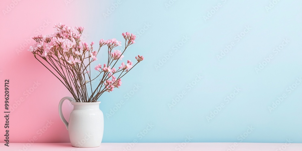 A white vase filled with delicate pink flowers, set against a gradient pink and blue background, evoking softness. A white vase filled with delicate pink flowers, set against a gradient pink and blue background, evoking softness.