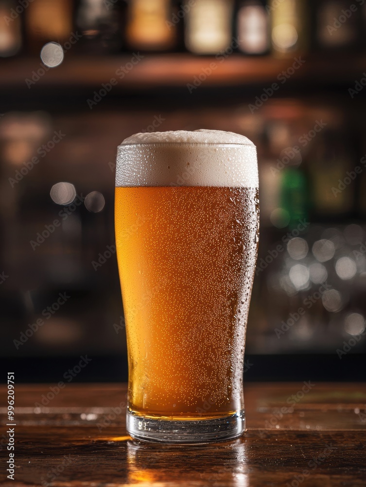 Tall Glass of Frothy Beer with Condensation Tall Glass of Frothy Beer with Condensation