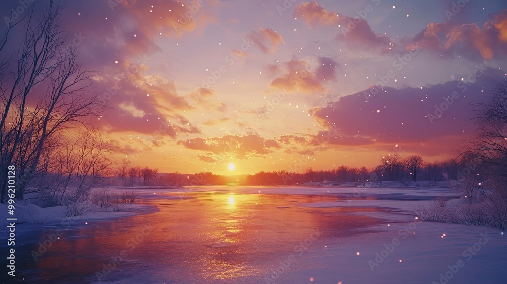 A winter sunset over a frozen lake, with the sky ablaze in oranges and purples. A winter sunset over a frozen lake, with the sky ablaze in oranges and purples.