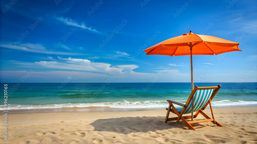 Seren beach chair and orange umbrella against clear blue skies and calm ocean waves, serene, beach scene, orange Seren beach chair and orange umbrella against clear blue skies and calm ocean waves, serene, beach scene, orange