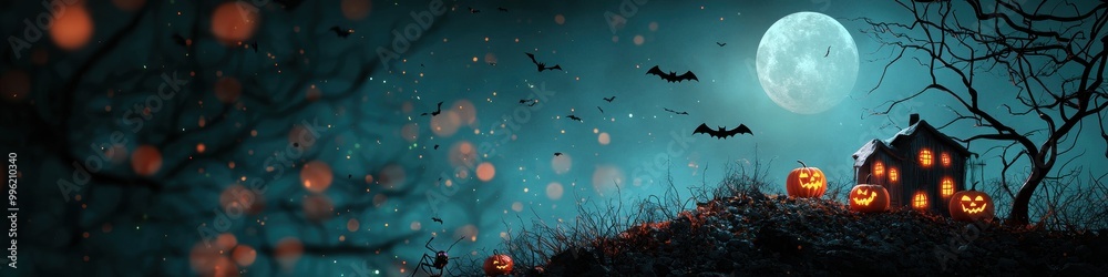 Spooky haunted house on a hill under a full moon, with flying bats and glowing jack-o'-lanterns, [Halloween banner], [eerie atmosphere and Halloween spirit].  ,closes up