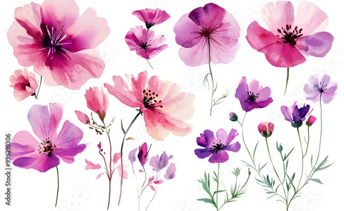 Watercolor wild flower clipart, pink and purple flowers on a white background, in different angles and poses. 