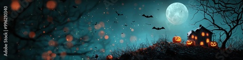 Spooky haunted house on a hill under a full moon, with flying bats and glowing jack-o'-lanterns, [Halloween banner], [eerie atmosphere and Halloween spirit]. ,closes up