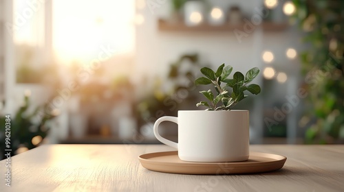 A serene cup with a green plant, radiating warmth and tranquility in a sunlit indoor space, perfect for nature lovers.