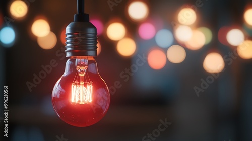 Close-up of a red lightbulb, glowing amidst colorful bokeh lights. Blurred background adds a creative and vibrant aesthetic. photo