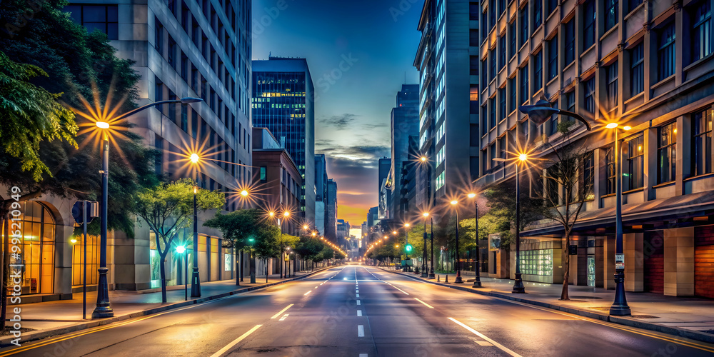 Naklejka premium Night city scene with empty streets after sunset , urban, solitude, peaceful, night life, city lights, downtown