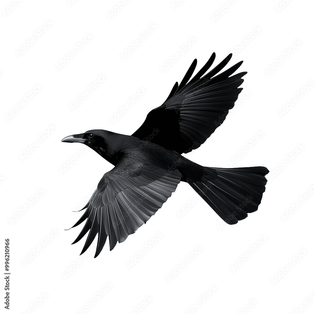 Obraz premium a black crow flying with wings spread wide on a transparent background