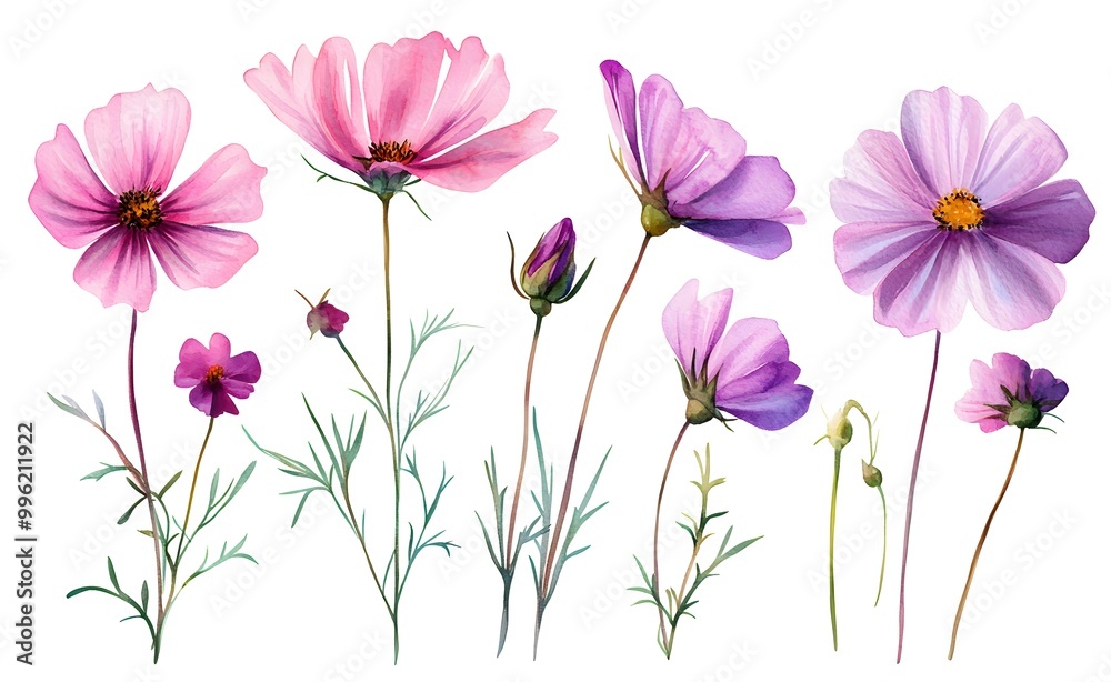 Watercolor wild flower clipart, pink and purple flowers on a white background, in different angles and poses. Watercolor wild flower clipart, pink and purple flowers on a white background, in different angles and poses.