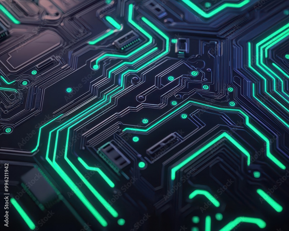 Futuristic circuit lines on a dark tech background, minimal design, glowing blue and green accents, high contrast Futuristic circuit lines on a dark tech background, minimal design, glowing blue and green accents, high contrast