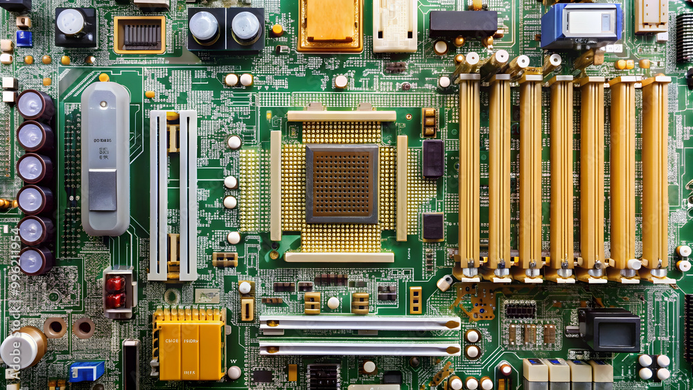 Motherboard with electronic components, technology, hardware, circuit board, computer, CPU, memory slots Motherboard with electronic components, technology, hardware, circuit board, computer, CPU, memory slots