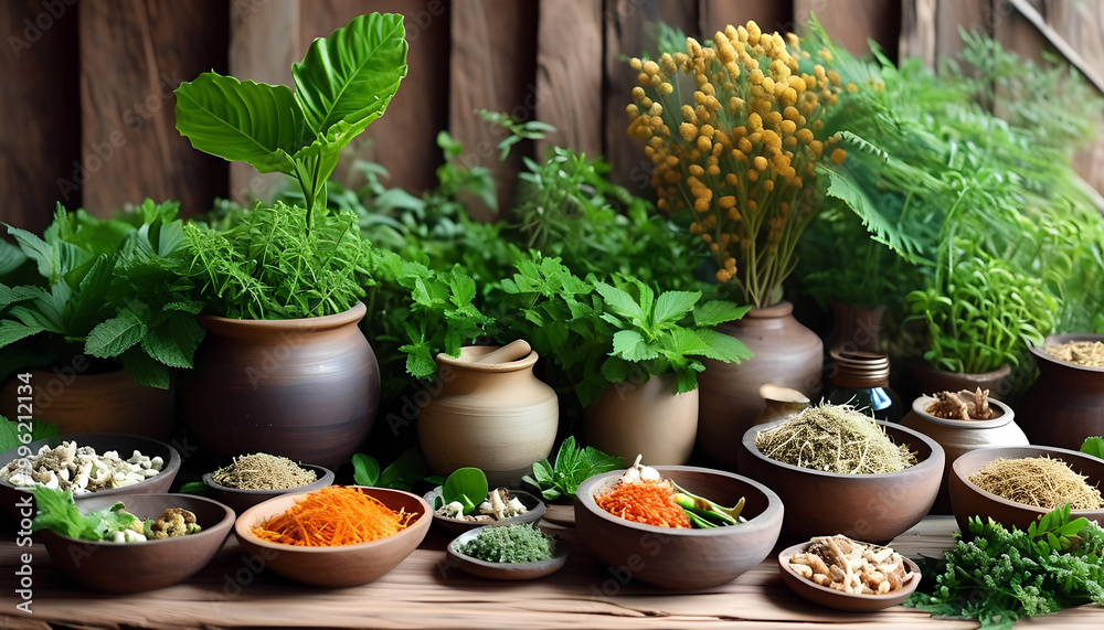 Assortment of herbs, spices, and dried flowers in rustic setting. Assortment of herbs, spices, and dried flowers in rustic setting.