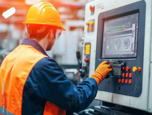 A worker in an orange safety vest and helmet operates a machinery control panel in an industrial setting.