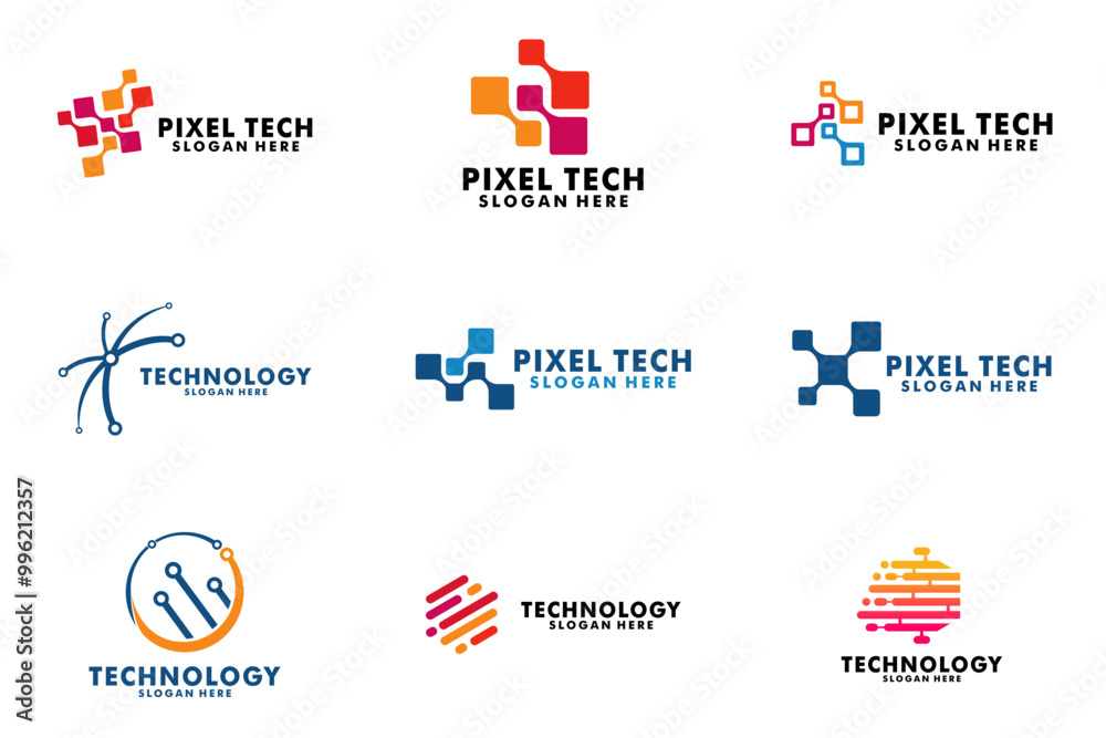 Set of Abstract tech logo design. Technology logo design vector collection