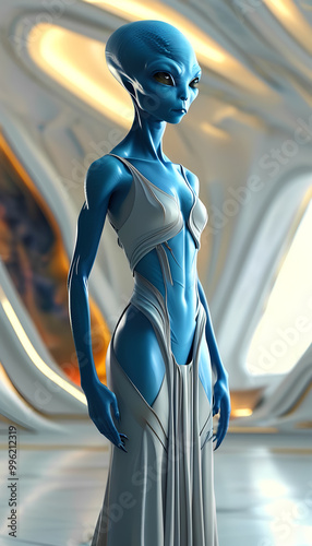 Blue-skinned alien woman in white gown posing in futuristic space.