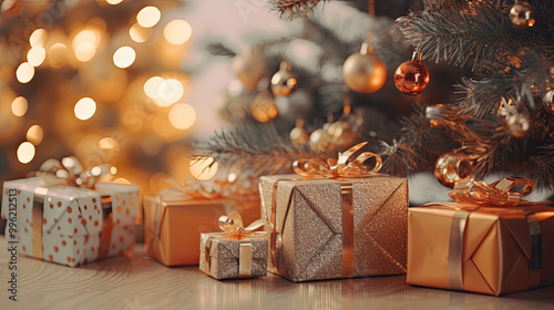 Christmas gifts at the foot of a Christmas tree or a Christmas fir tree