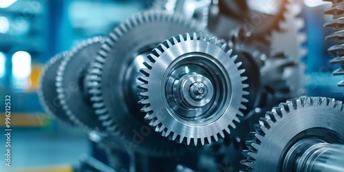 Close-up of metallic gears, showcasing precision engineering and intricate design, symbolizing machinery and industrial mechanics.