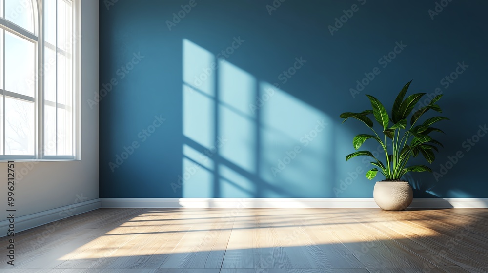 Bright and tranquil interior space with a blue wall, sunlight casting shadows, and a lush green plant in a modern pot. Bright and tranquil interior space with a blue wall, sunlight casting shadows, and a lush green plant in a modern pot.