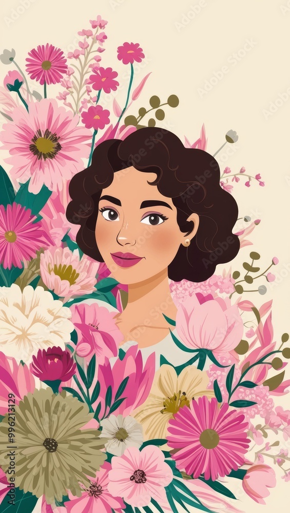 Young beautiful curly-haired girl in flowers on pastel background. International women's day. AI generated Young beautiful curly-haired girl in flowers on pastel background. International women's day. AI generated