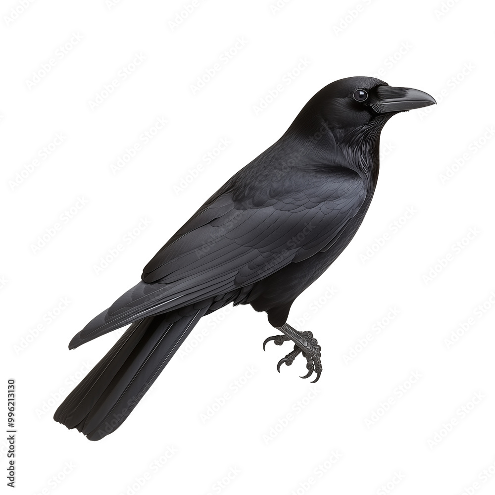 Photo of a black crow in a standing position on a transparent background