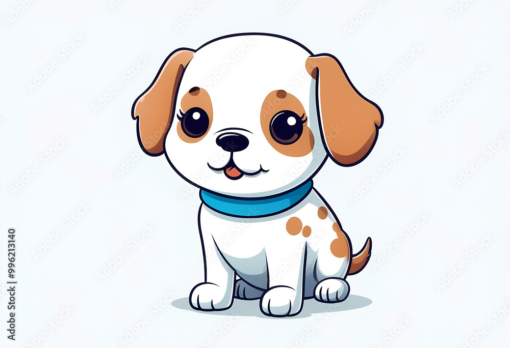 Fototapeta premium Cute cartoon puppy with brown ears and blue collar.