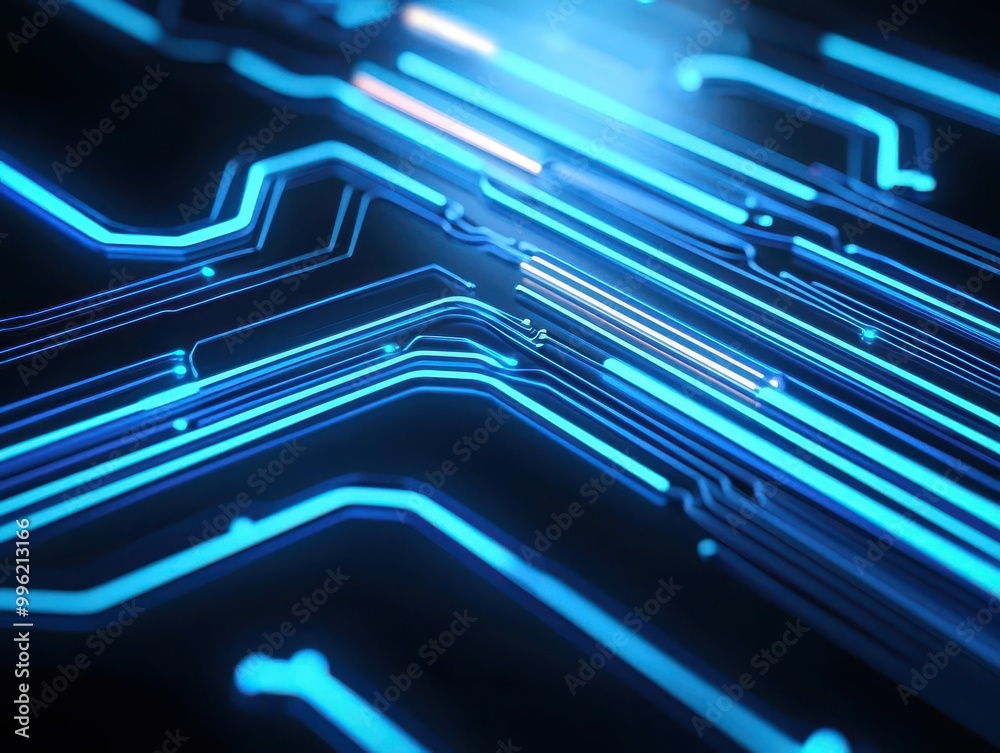 Thin glowing circuit lines running across a dark tech background, minimal design, cool neon accents, modern and sleek Thin glowing circuit lines running across a dark tech background, minimal design, cool neon accents, modern and sleek