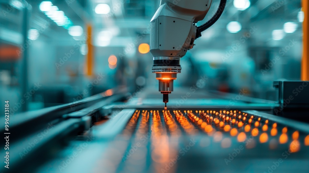 A robotic arm engages in precision manufacturing, highlighting automation and advanced technology in a well-lit industrial environment. A robotic arm engages in precision manufacturing, highlighting automation and advanced technology in a well-lit industrial environment.
