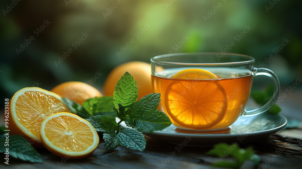 Refreshing orange tea with mint leaves, showcasing vibrant orange slices and serene green background. This image captures tranquil moment perfect for relaxation. Refreshing orange tea with mint leaves, showcasing vibrant orange slices and serene green background. This image captures tranquil moment perfect for relaxation.
