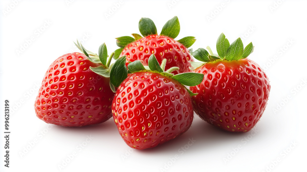 Fresh, ripe strawberries with green leaves on white background. vibrant red color and juicy texture make them look delicious and inviting. Fresh, ripe strawberries with green leaves on white background. vibrant red color and juicy texture make them look delicious and inviting.