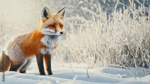 A winter wildlife scene of a red fox in the snow, its fur vibrant against the white landscape and the frost-covered trees.