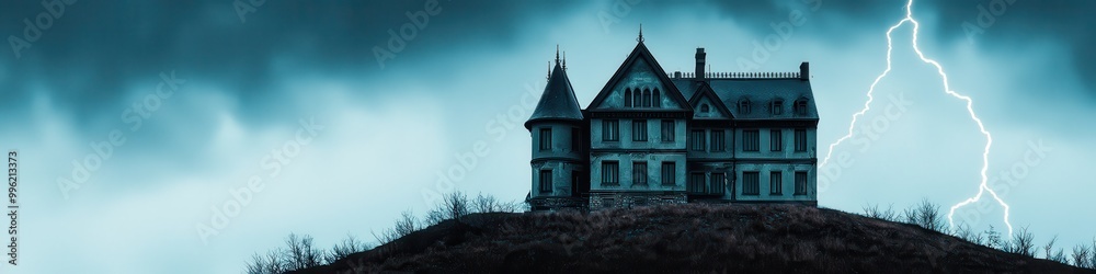 Gothic vampire castle on a hill, lightning flashing in the background, stormy sky, cinematic view, dark gothic style, grayscale with pops of red. Gothic vampire castle on a hill, lightning flashing in the background, stormy sky, cinematic view, dark gothic style, grayscale with pops of red.