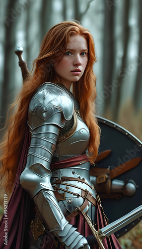 Fierce redhead warrior woman in full armor with sword and shield.
