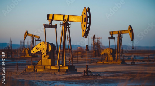 Oil pumps in vast field during sunset, showcasing industrial machinery and serene landscape. scene captures essence of energy production and beauty of nature.