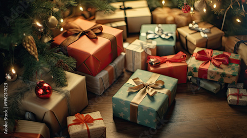 Christmas gifts at the foot of a Christmas tree or a Christmas fir tree photo