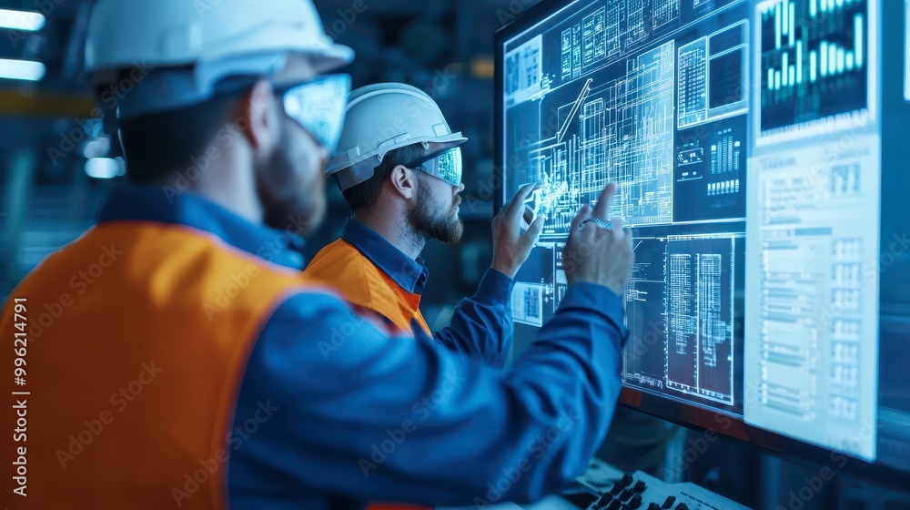 Two workers in hard hats analyze data displayed on a large screen, showcasing a high-tech environment focused on engineering or industrial processes. Two workers in hard hats analyze data displayed on a large screen, showcasing a high-tech environment focused on engineering or industrial processes.