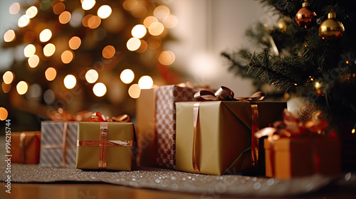 Christmas gifts at the foot of a Christmas tree or a Christmas fir tree