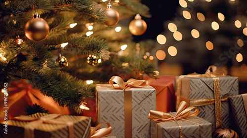 Christmas gifts at the foot of a Christmas tree or a Christmas fir tree