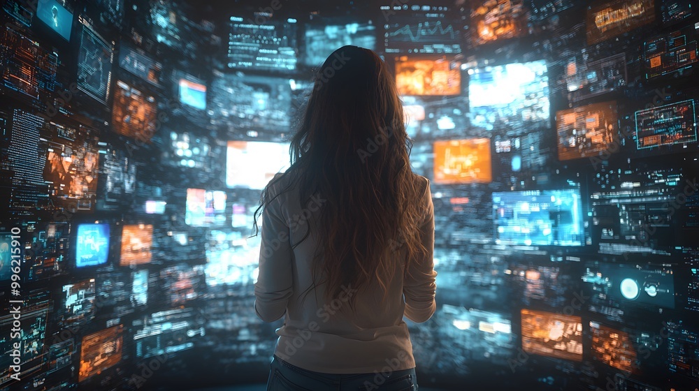 Young woman analyzing data in a futuristic digital environment.