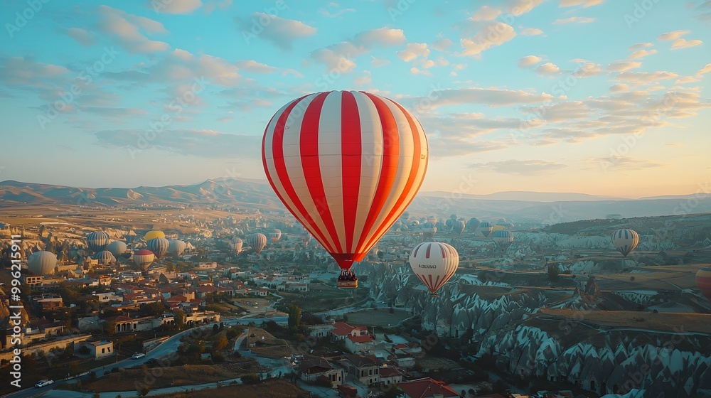Obraz premium Colorful hot air balloons soaring over picturesque valleys at sunrise.