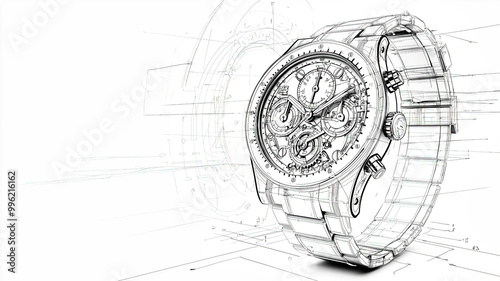 Technical drawing showing luxury chronograph watch design